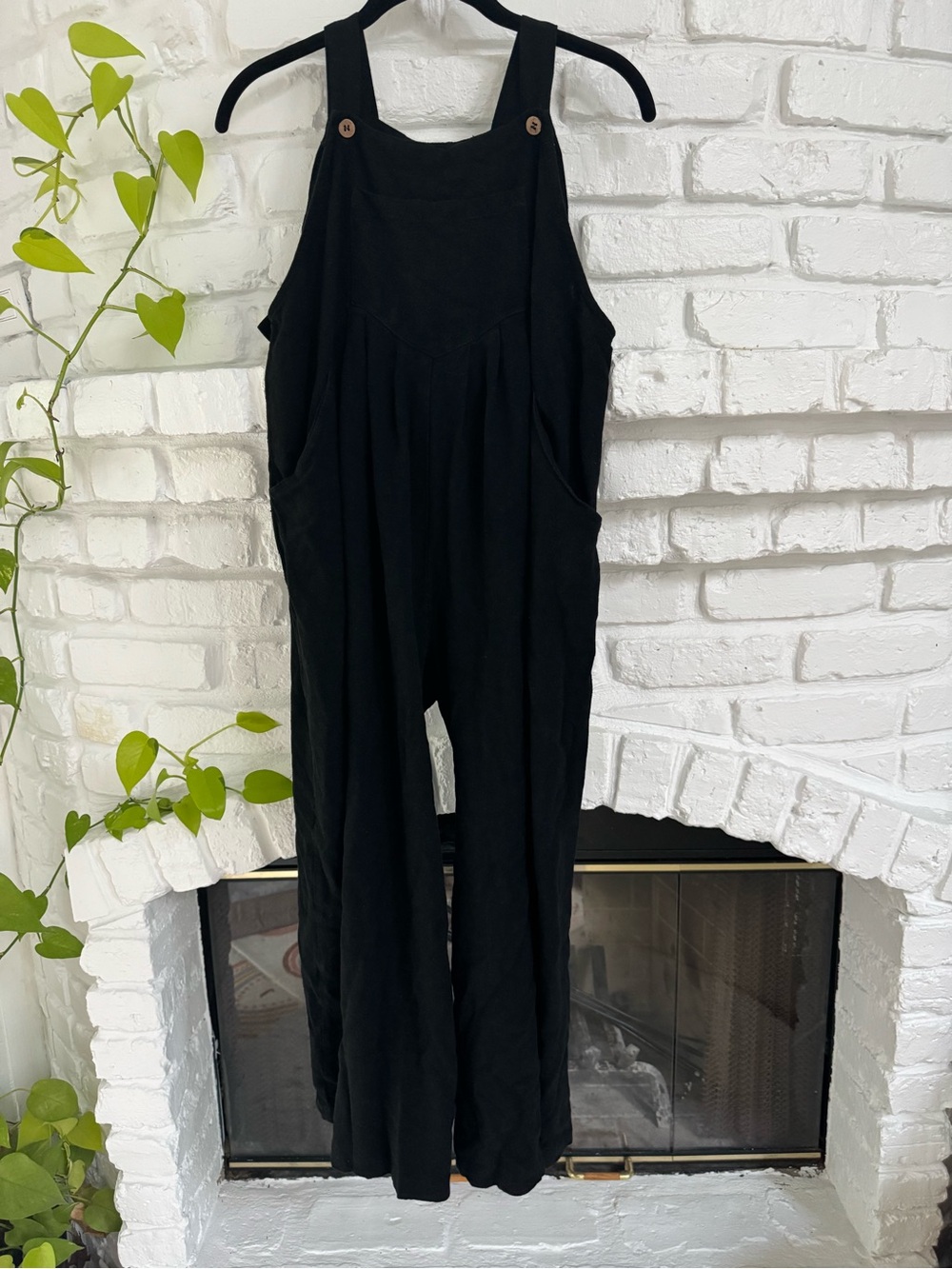 Black Wide-Leg Linen-Blend Overalls Jumpsuit